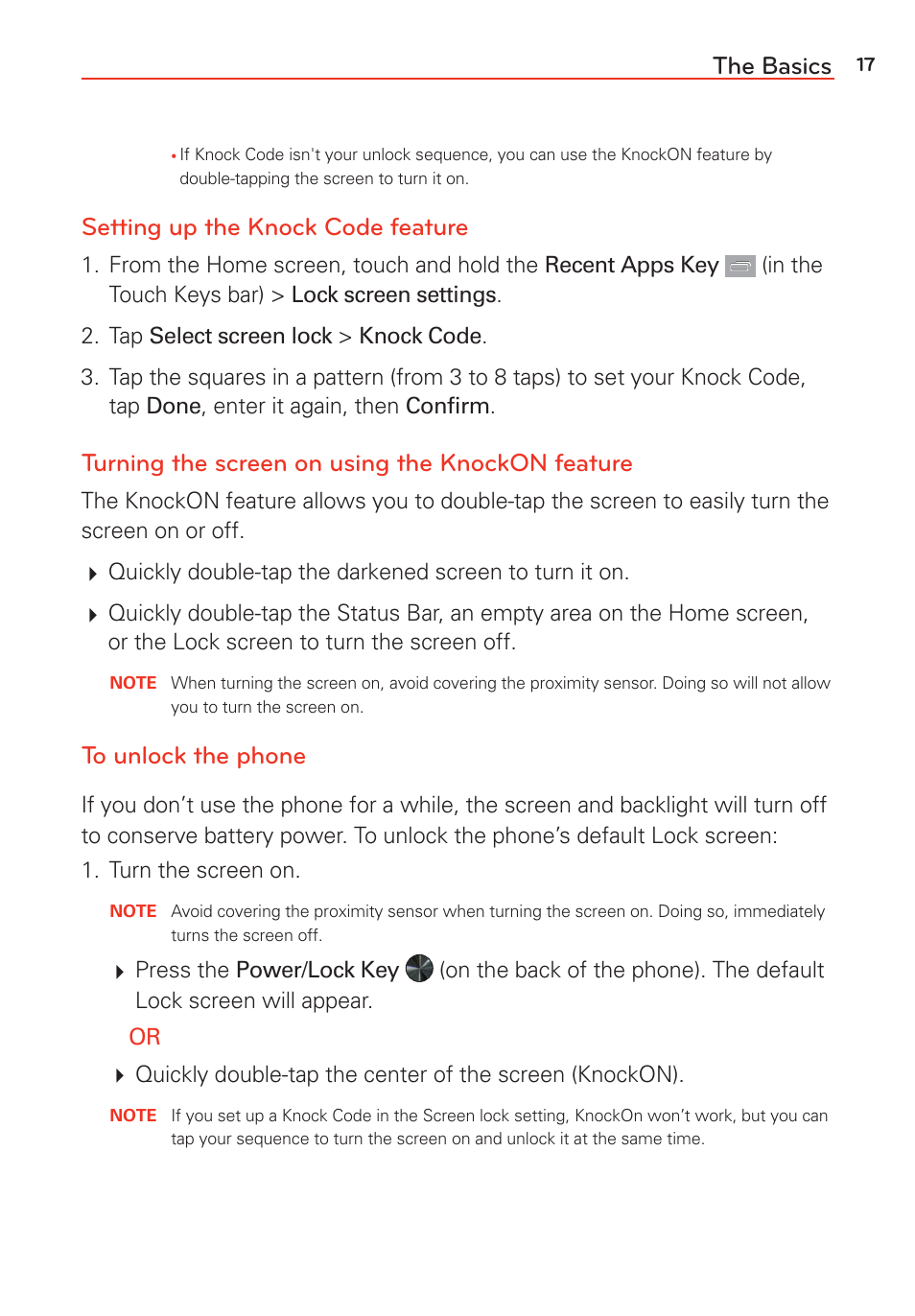 The basics, Setting up the knock code feature, Turning the screen on using the knockon feature | LG G Vista User Manual | Page 19 / 243