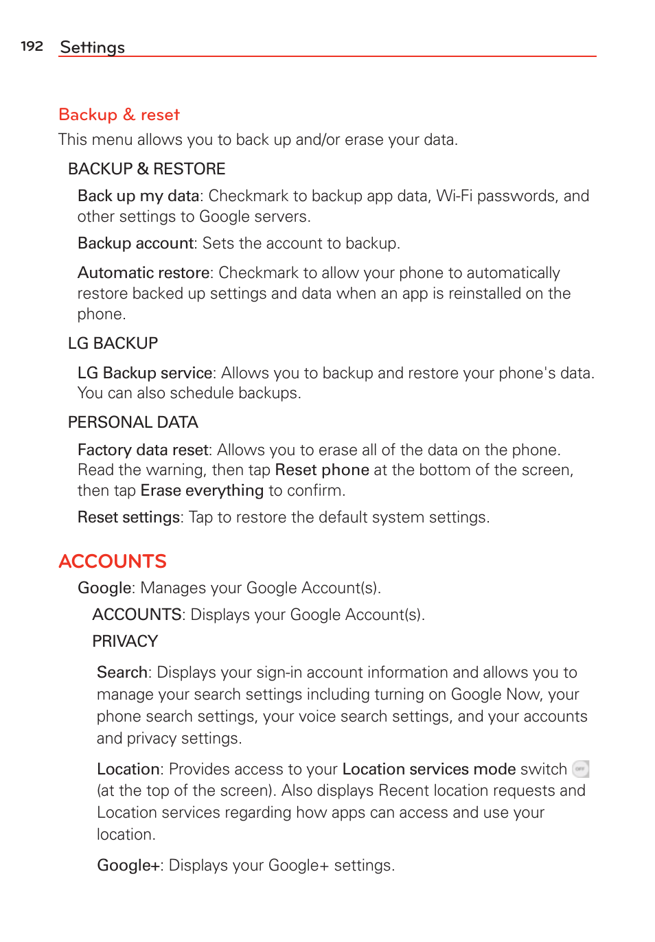 Accounts | LG G Vista User Manual | Page 194 / 243