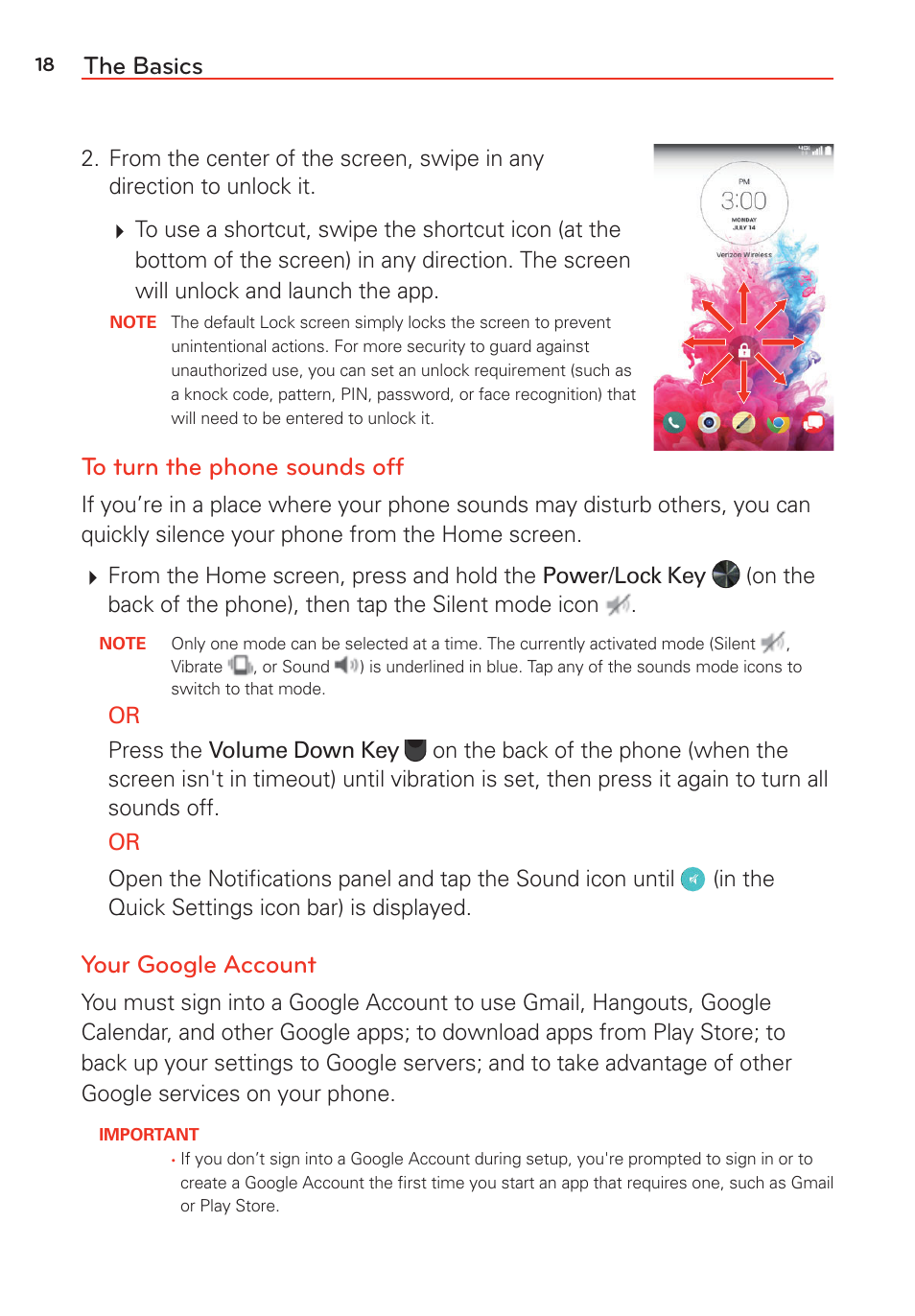 The basics, Your google account | LG G Vista User Manual | Page 20 / 243