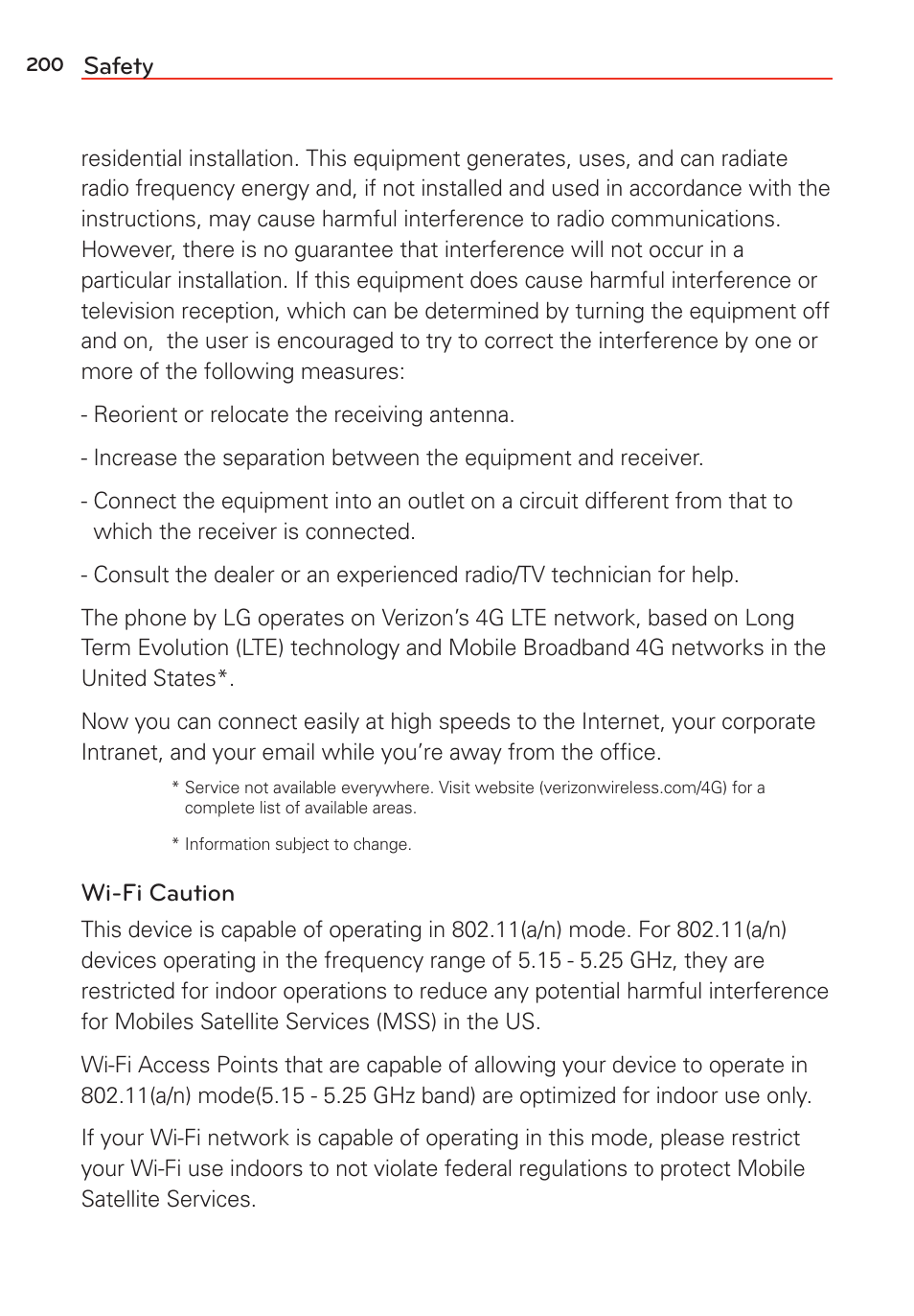 Safety, Wi-fi caution | LG G Vista User Manual | Page 202 / 243