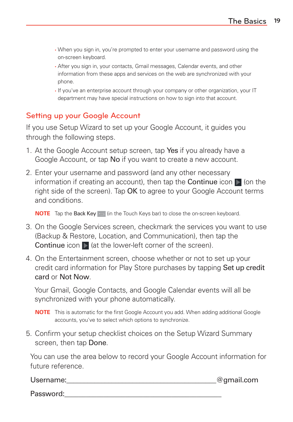 The basics, Setting up your google account | LG G Vista User Manual | Page 21 / 243