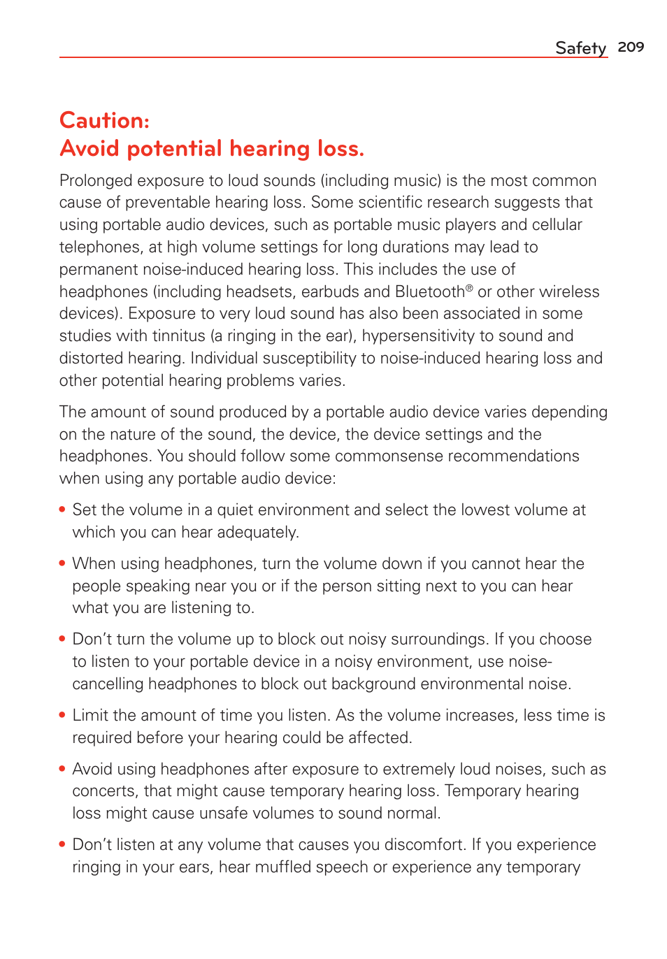 Caution: avoid potential hearing loss | LG G Vista User Manual | Page 211 / 243