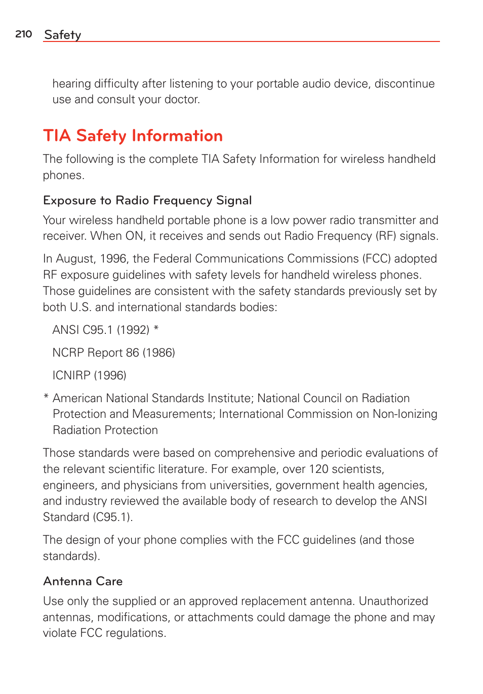 Tia safety information | LG G Vista User Manual | Page 212 / 243