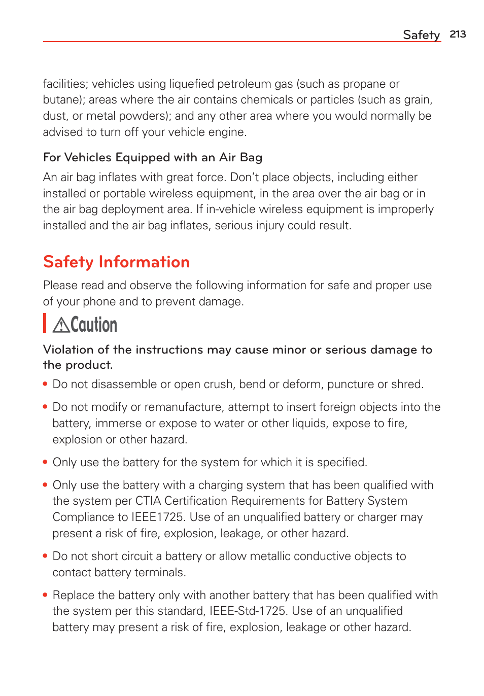 Safety information, Caution | LG G Vista User Manual | Page 215 / 243