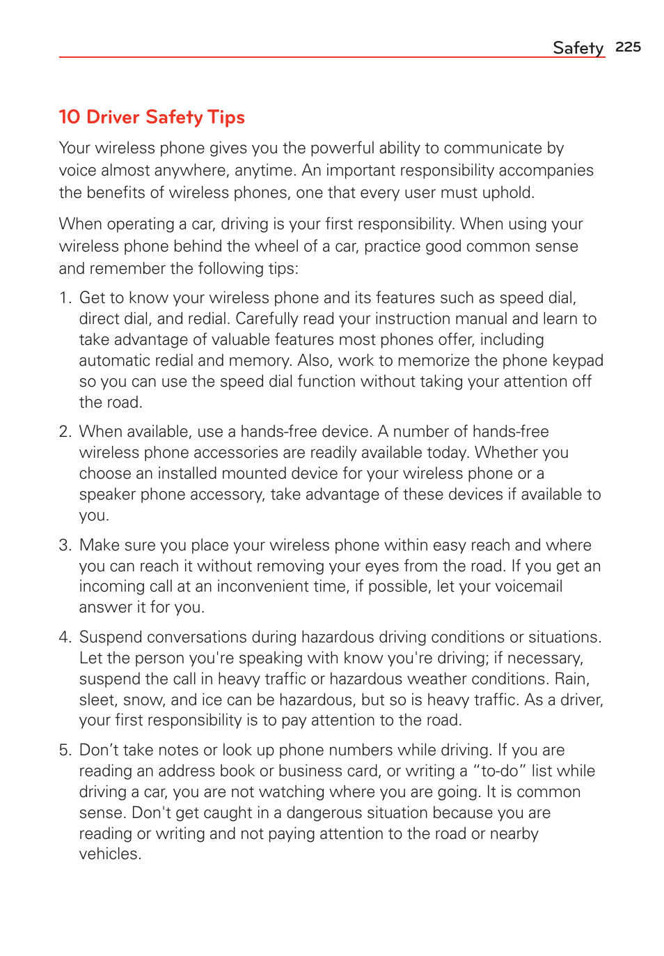 10 driver safety tips | LG G Vista User Manual | Page 227 / 243