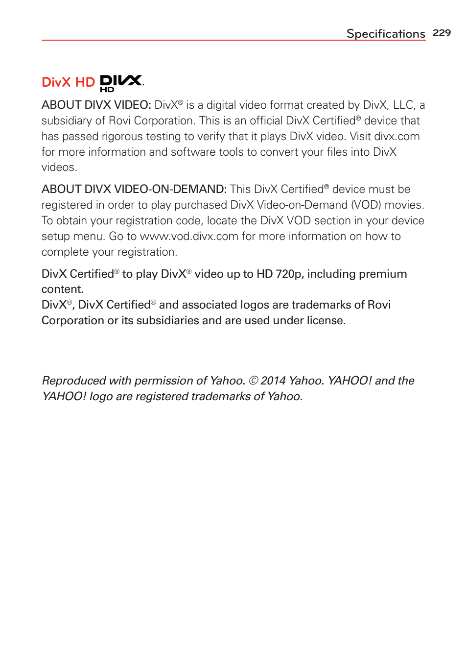 Specifications, Speciﬁcations, Divx hd | LG G Vista User Manual | Page 231 / 243