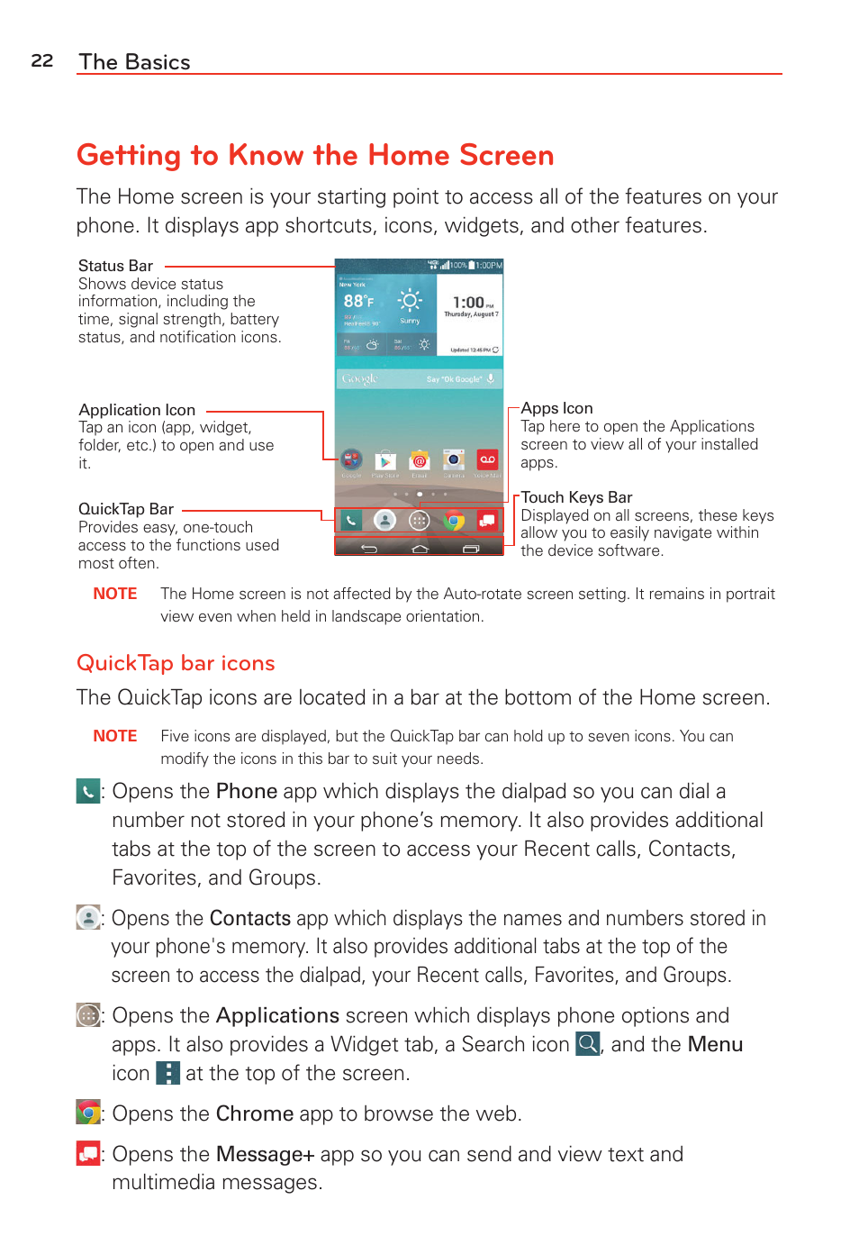 Getting to know the home screen, The basics, Quicktap bar icons | LG G Vista User Manual | Page 24 / 243