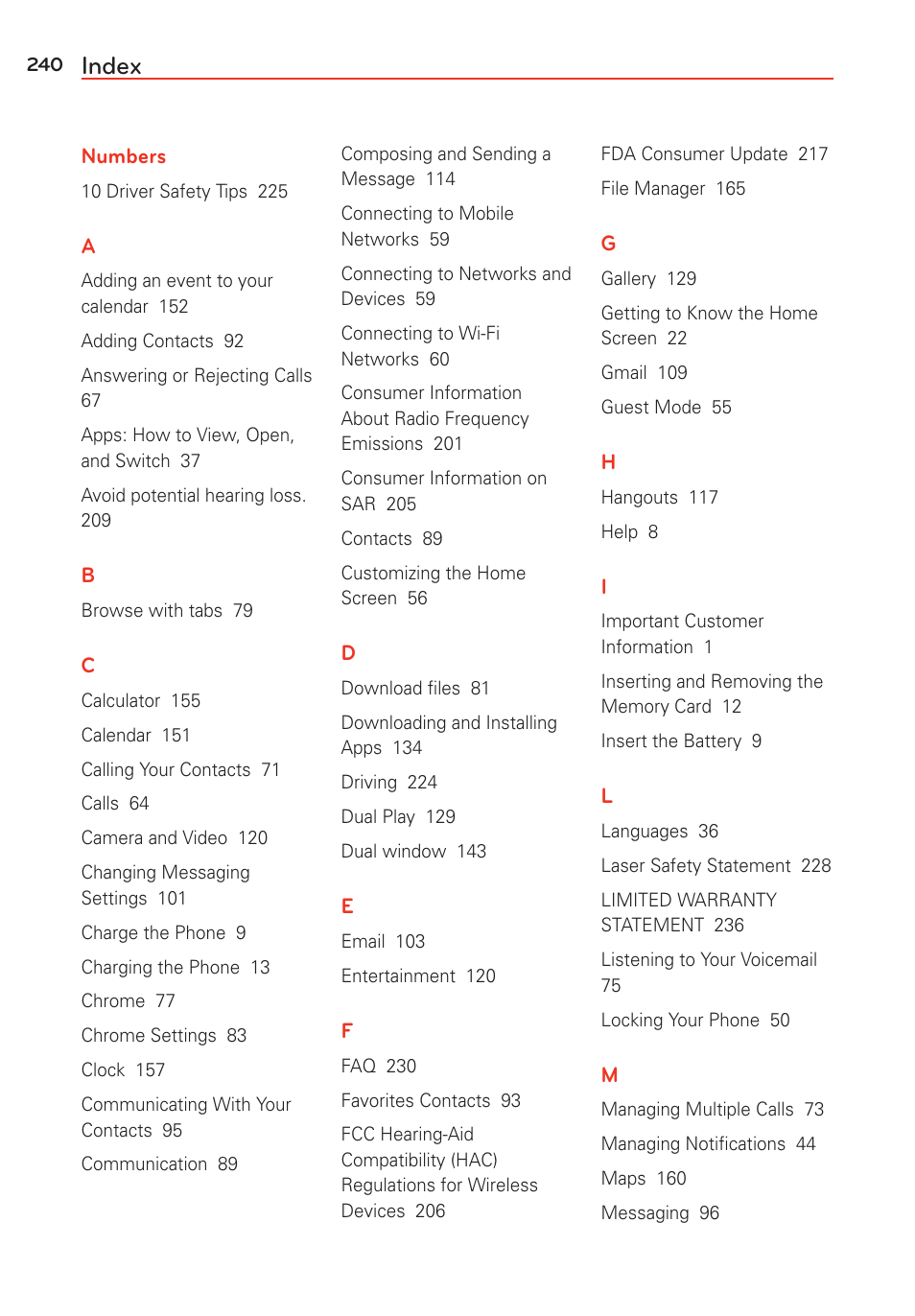 Index | LG G Vista User Manual | Page 242 / 243