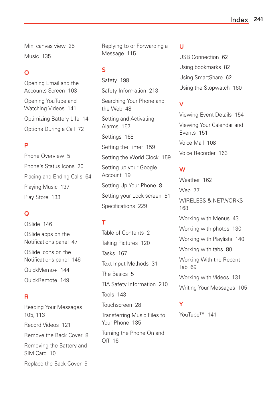 Index | LG G Vista User Manual | Page 243 / 243