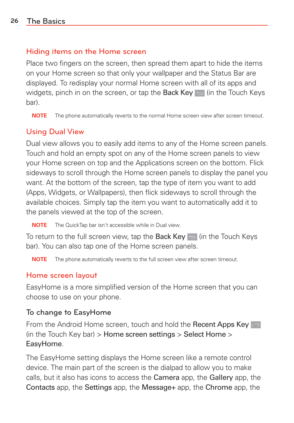 The basics hiding items on the home screen, Using dual view, Home screen layout | LG G Vista User Manual | Page 28 / 243