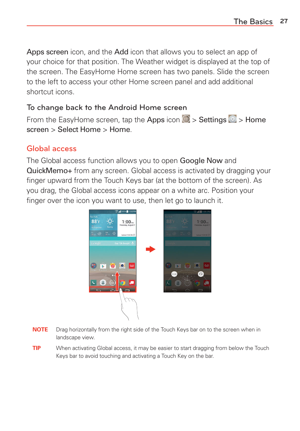 The basics, Global access | LG G Vista User Manual | Page 29 / 243