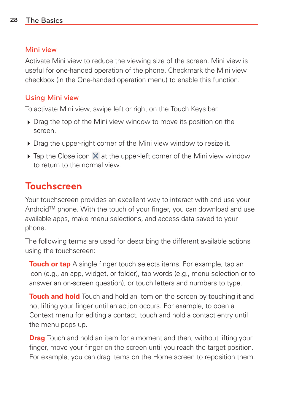 Touchscreen | LG G Vista User Manual | Page 30 / 243