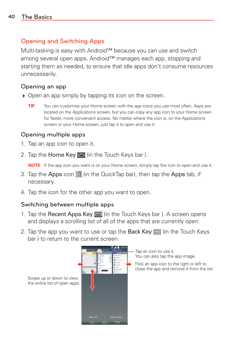 The basics opening and switching apps | LG G Vista User Manual | Page 42 / 243