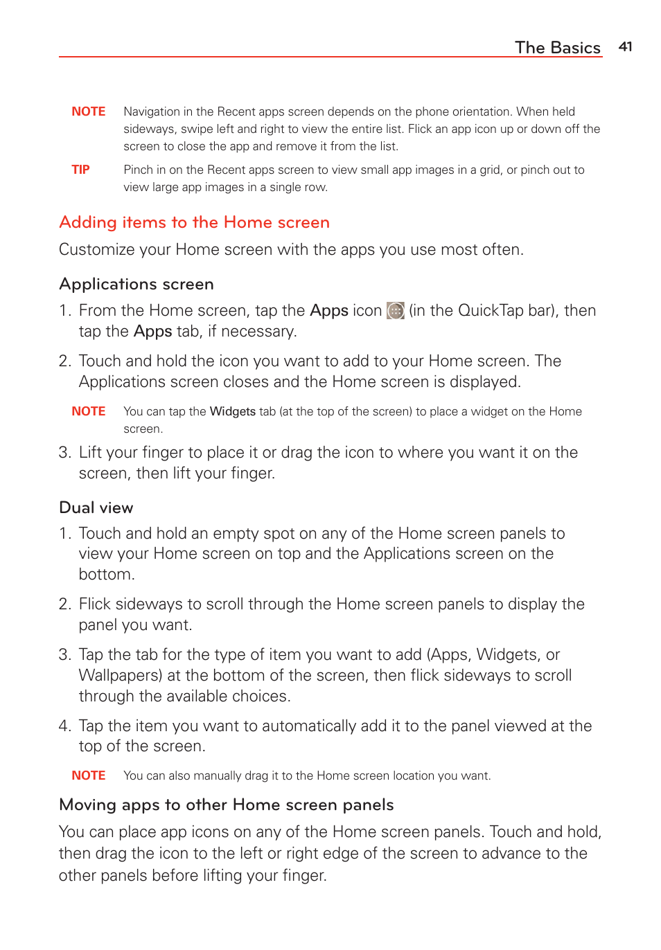 The basics, Adding items to the home screen, Applications screen | Dual view, Moving apps to other home screen panels | LG G Vista User Manual | Page 43 / 243