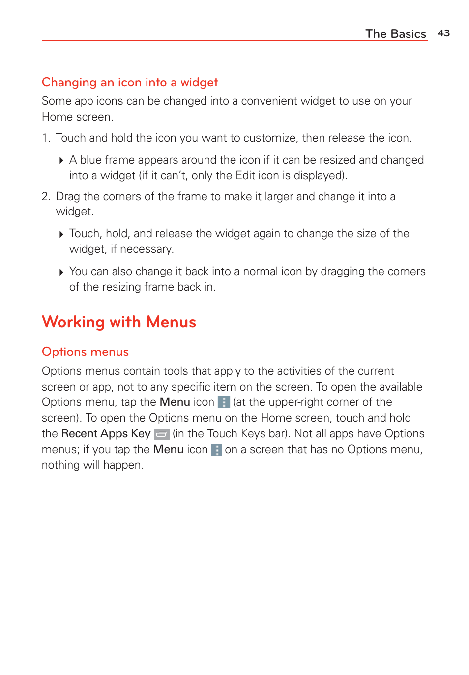 Working with menus | LG G Vista User Manual | Page 45 / 243