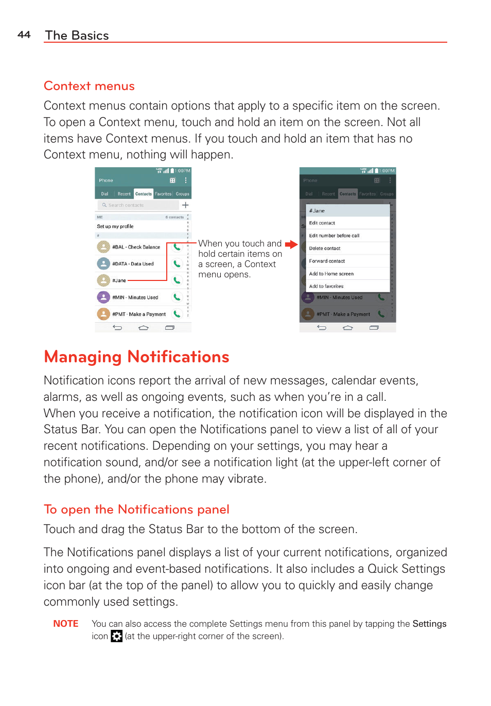 Managing notifications, Managing notiﬁcations, The basics context menus | LG G Vista User Manual | Page 46 / 243