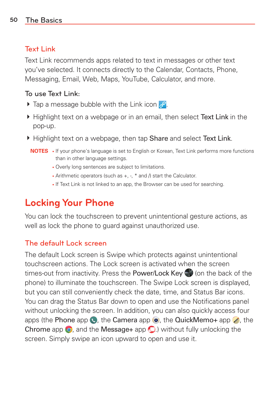 Locking your phone, The basics text link, The default lock screen | LG G Vista User Manual | Page 52 / 243