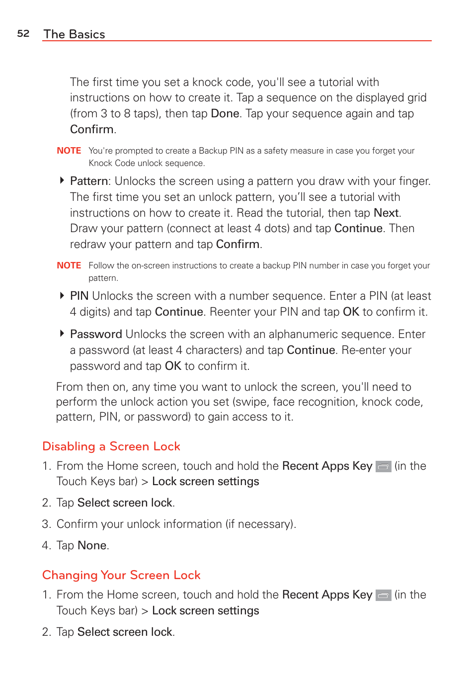 The basics, Disabling a screen lock, Changing your screen lock | LG G Vista User Manual | Page 54 / 243