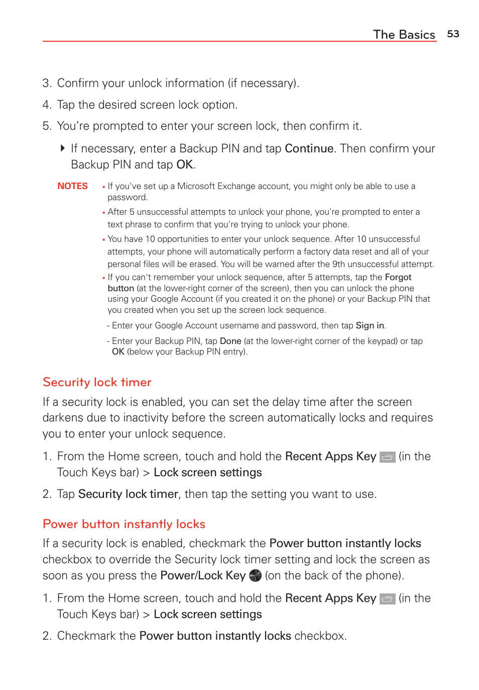 The basics, Security lock timer, Power button instantly locks | LG G Vista User Manual | Page 55 / 243