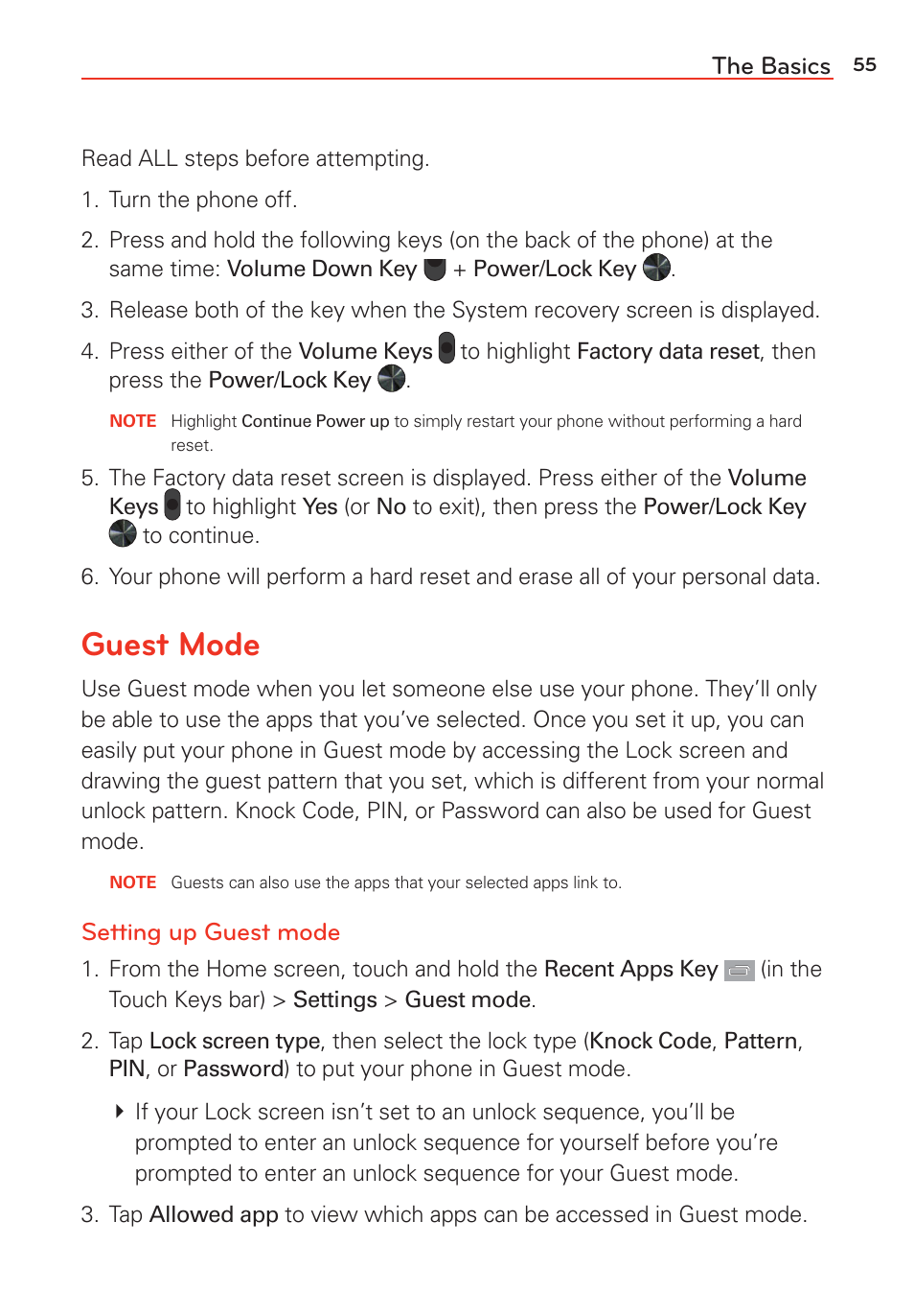 Guest mode, The basics, Setting up guest mode | LG G Vista User Manual | Page 57 / 243