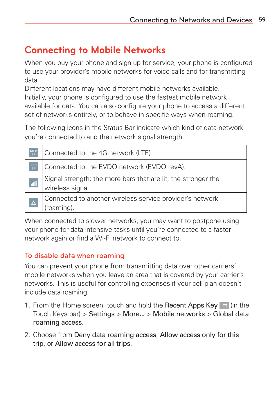 Connecting to networks and devices, Connecting to mobile networks | LG G Vista User Manual | Page 61 / 243