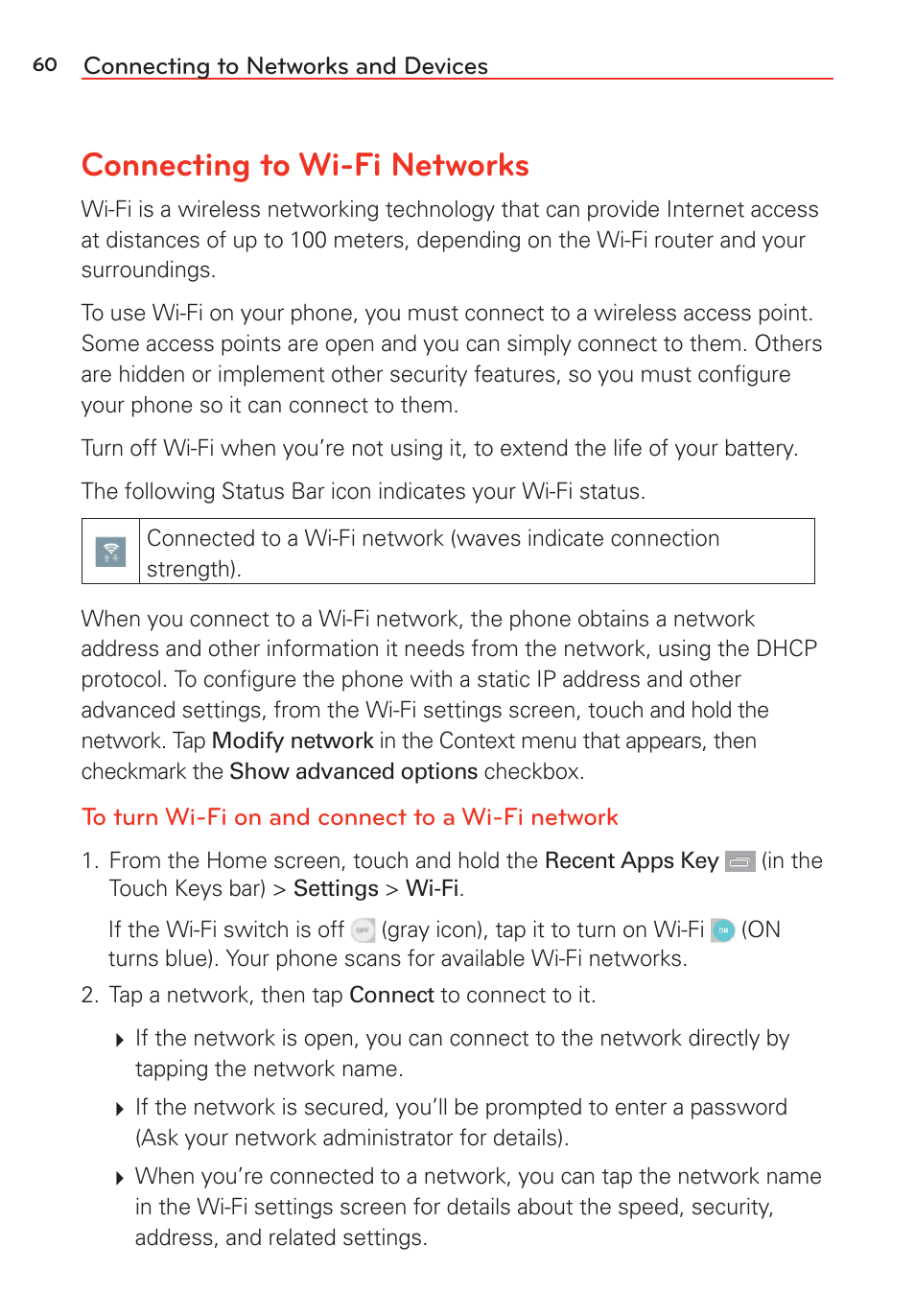 Connecting to wi-fi networks | LG G Vista User Manual | Page 62 / 243