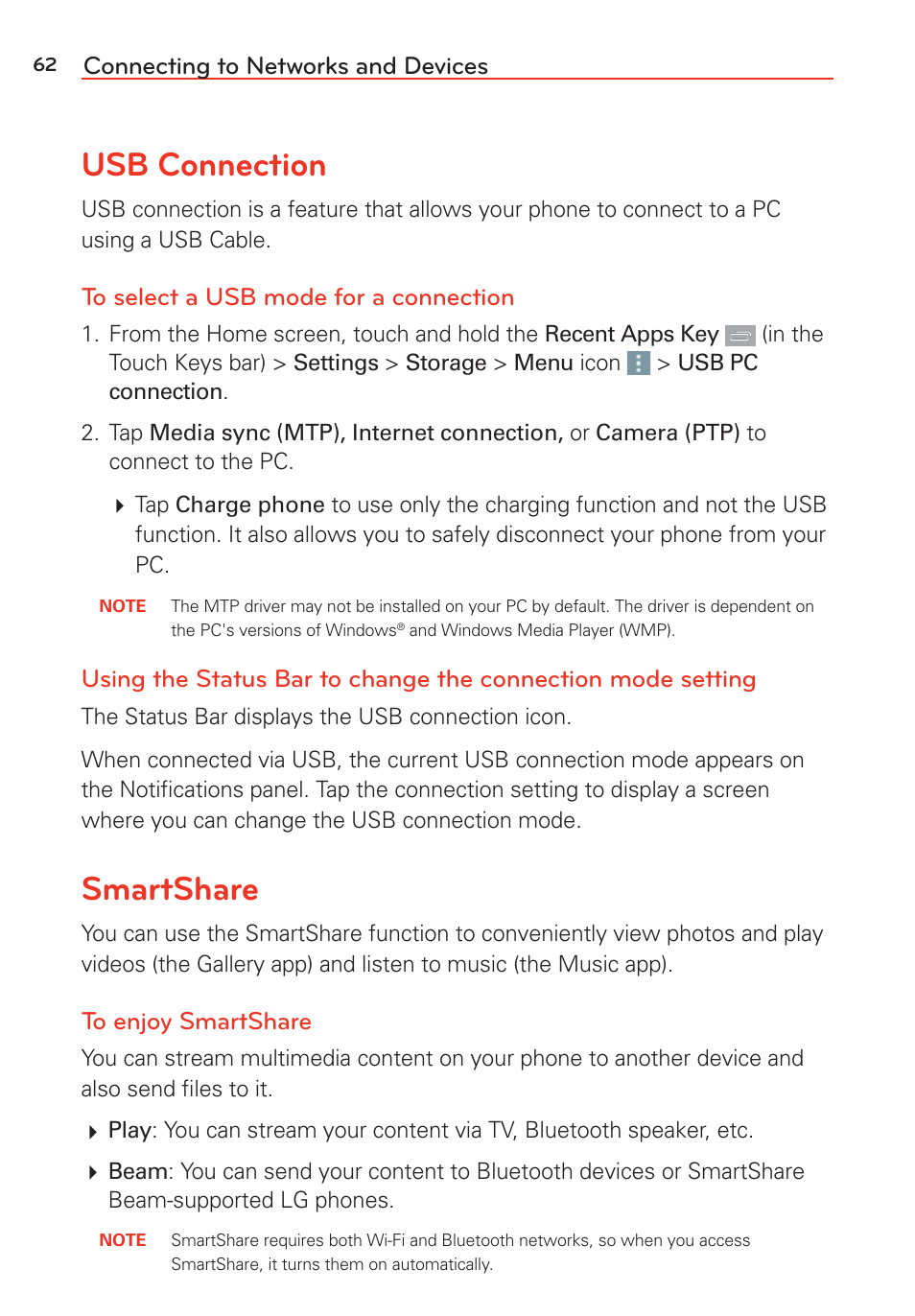 Usb connection, Smartshare, Usb connection smartshare | Connecting to networks and devices | LG G Vista User Manual | Page 64 / 243