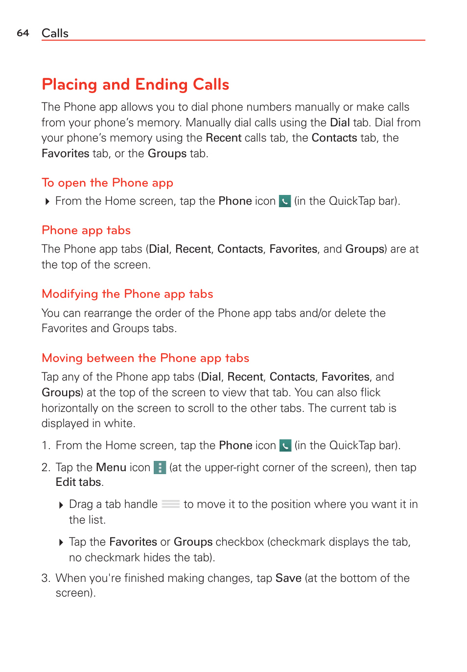 Calls, Placing and ending calls | LG G Vista User Manual | Page 66 / 243