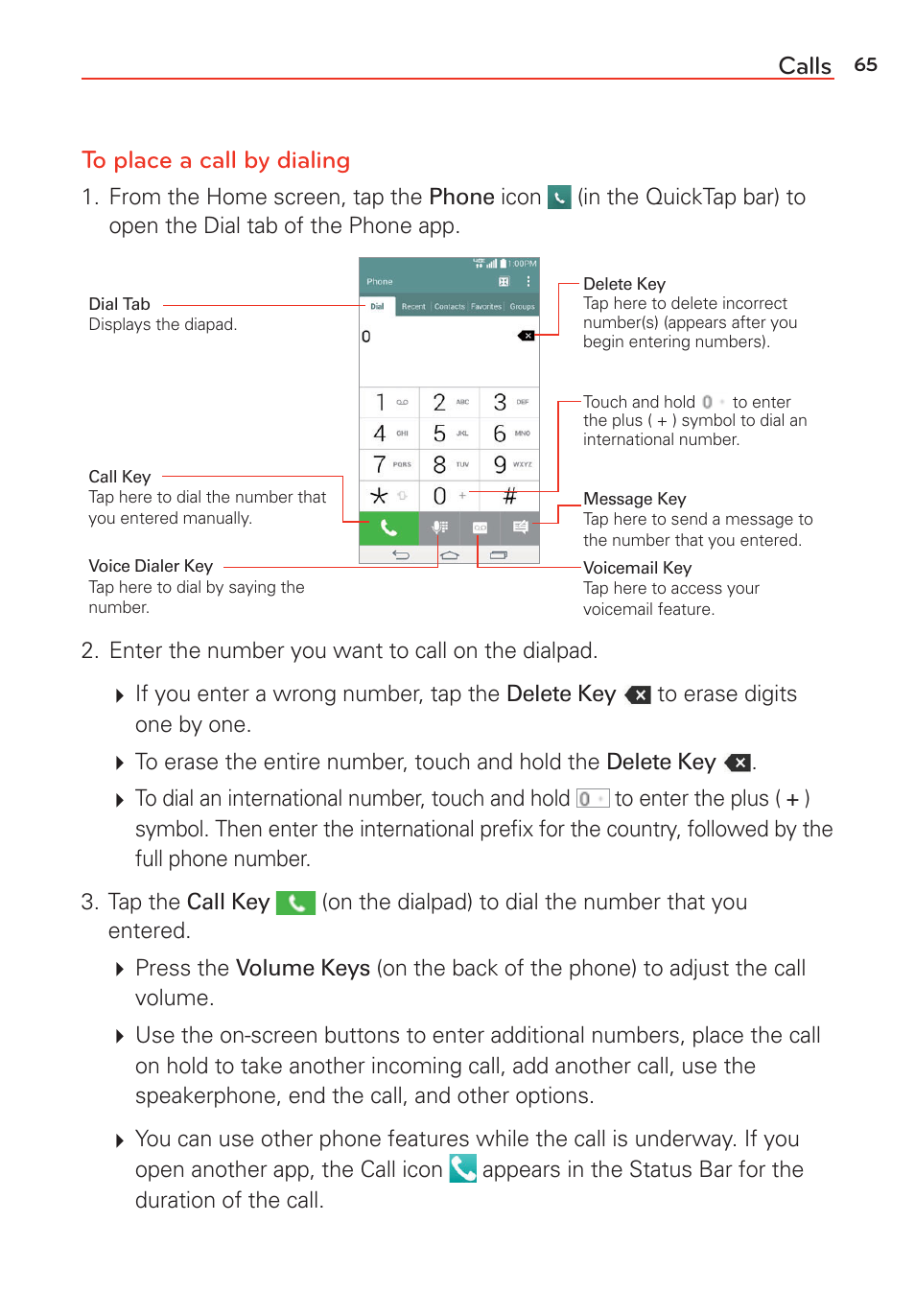 Calls to place a call by dialing | LG G Vista User Manual | Page 67 / 243