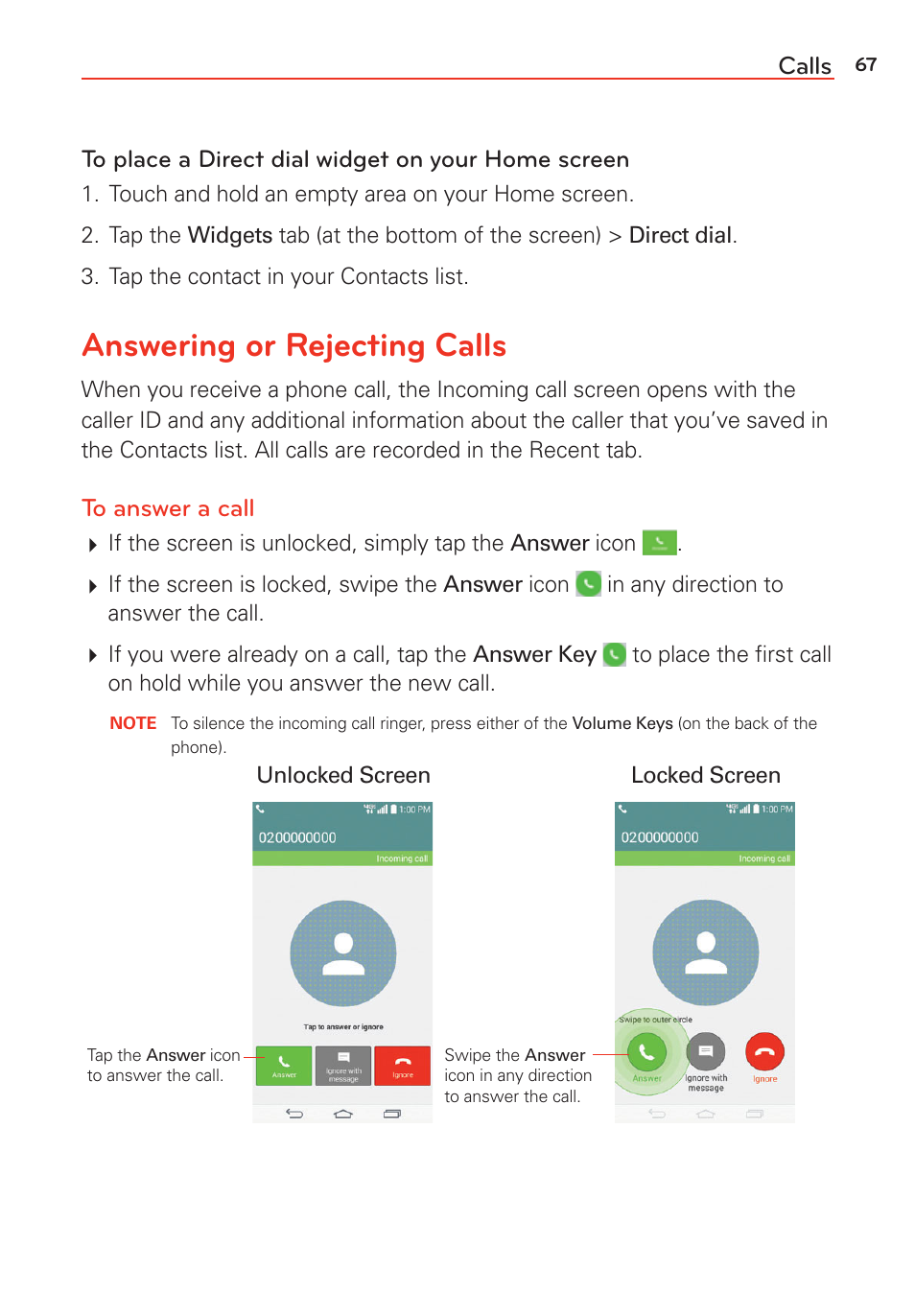 Answering or rejecting calls | LG G Vista User Manual | Page 69 / 243