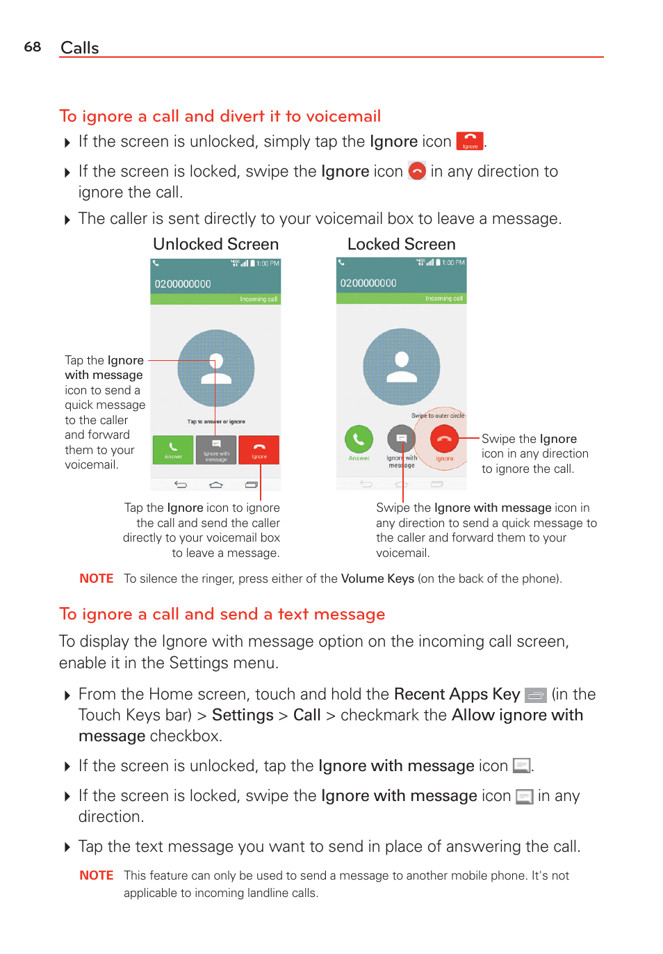 Calls to ignore a call and divert it to voicemail | LG G Vista User Manual | Page 70 / 243