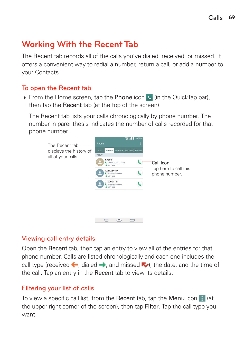 Working with the recent tab | LG G Vista User Manual | Page 71 / 243