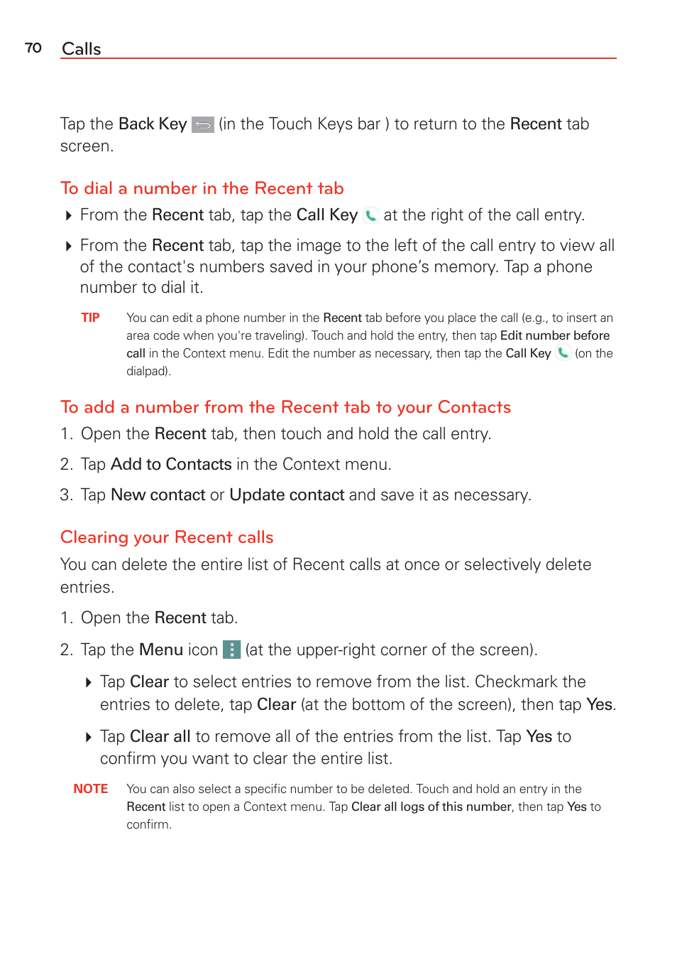 Calls, Clearing your recent calls | LG G Vista User Manual | Page 72 / 243