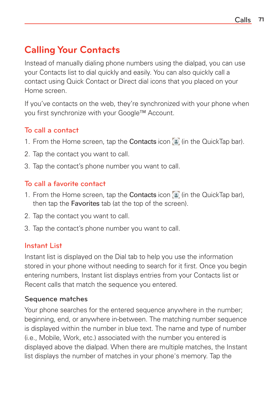 Calling your contacts | LG G Vista User Manual | Page 73 / 243