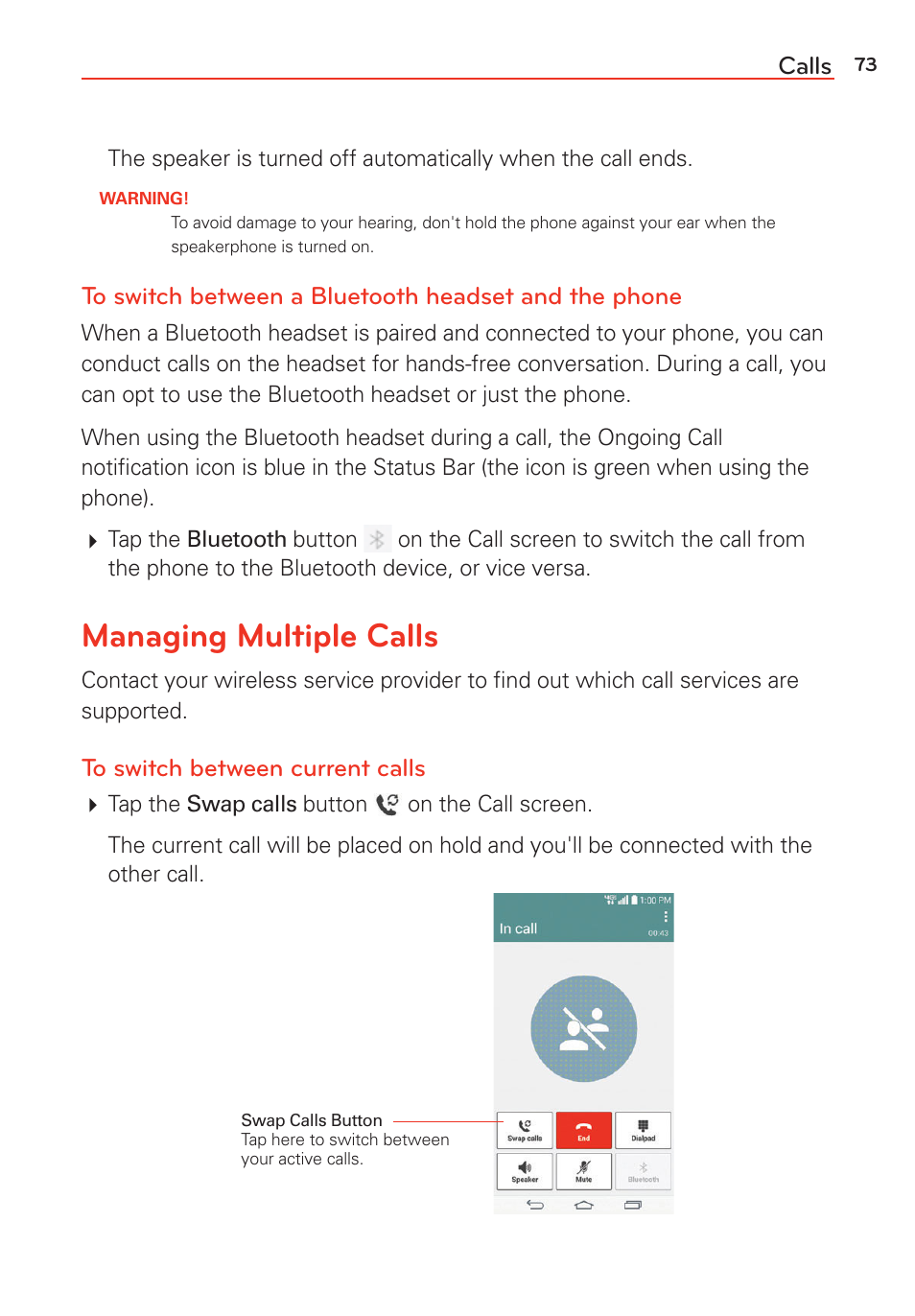 Managing multiple calls | LG G Vista User Manual | Page 75 / 243