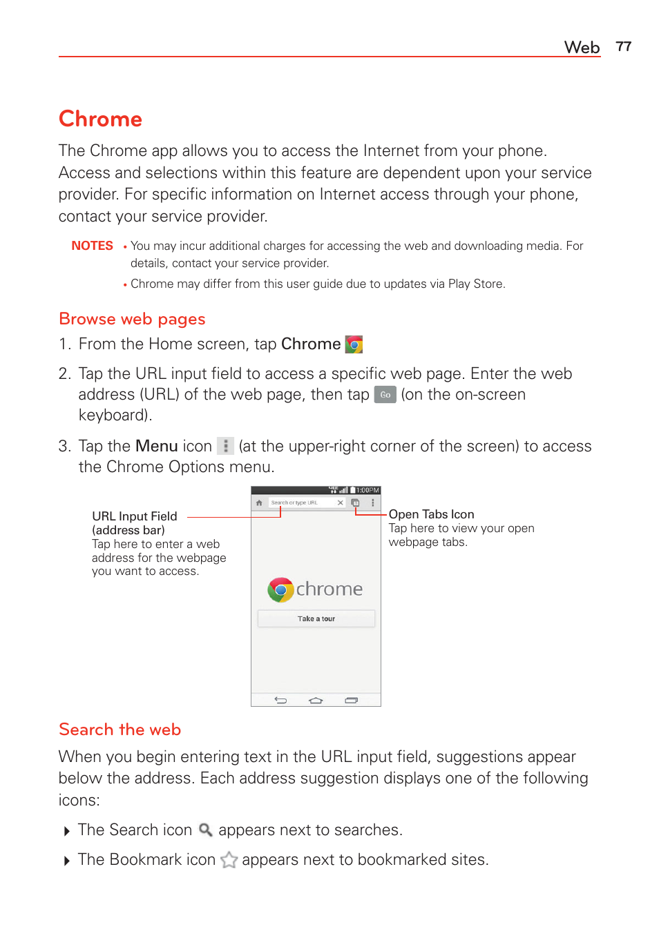 Chrome, Browse web pages, Search the web | LG G Vista User Manual | Page 79 / 243