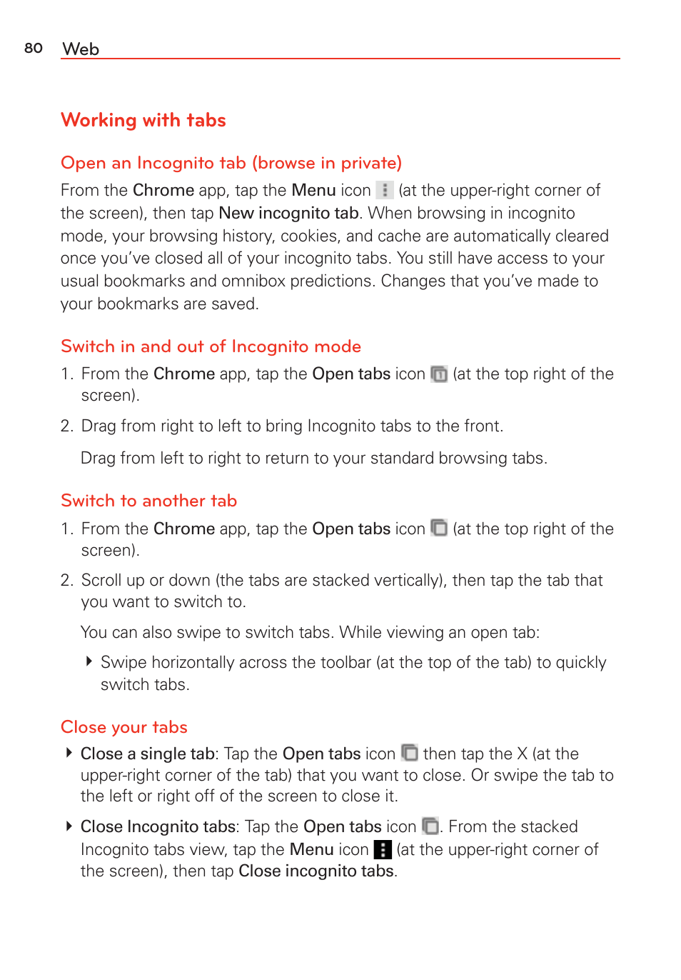 Working with tabs | LG G Vista User Manual | Page 82 / 243