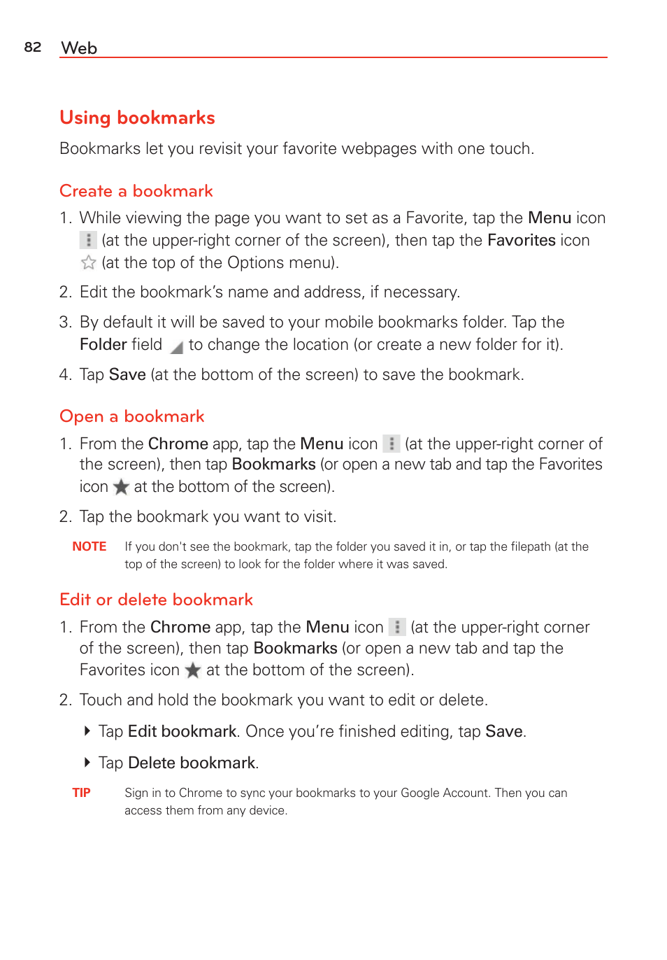 Using bookmarks, Create a bookmark, Open a bookmark | Edit or delete bookmark | LG G Vista User Manual | Page 84 / 243