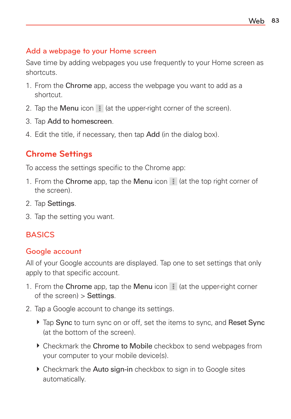 Chrome settings | LG G Vista User Manual | Page 85 / 243