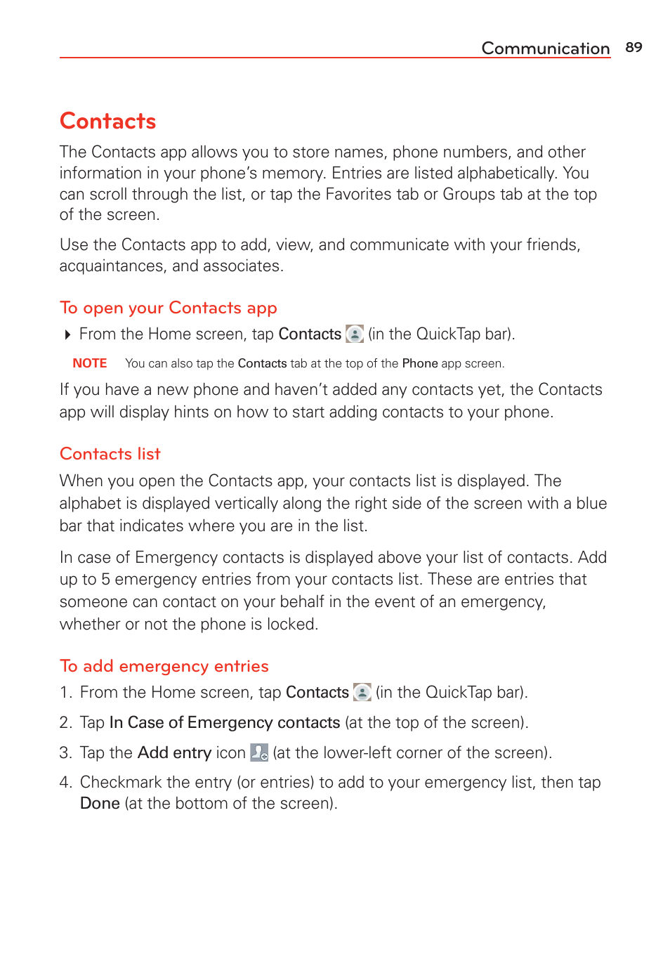 Communication, Contacts | LG G Vista User Manual | Page 91 / 243