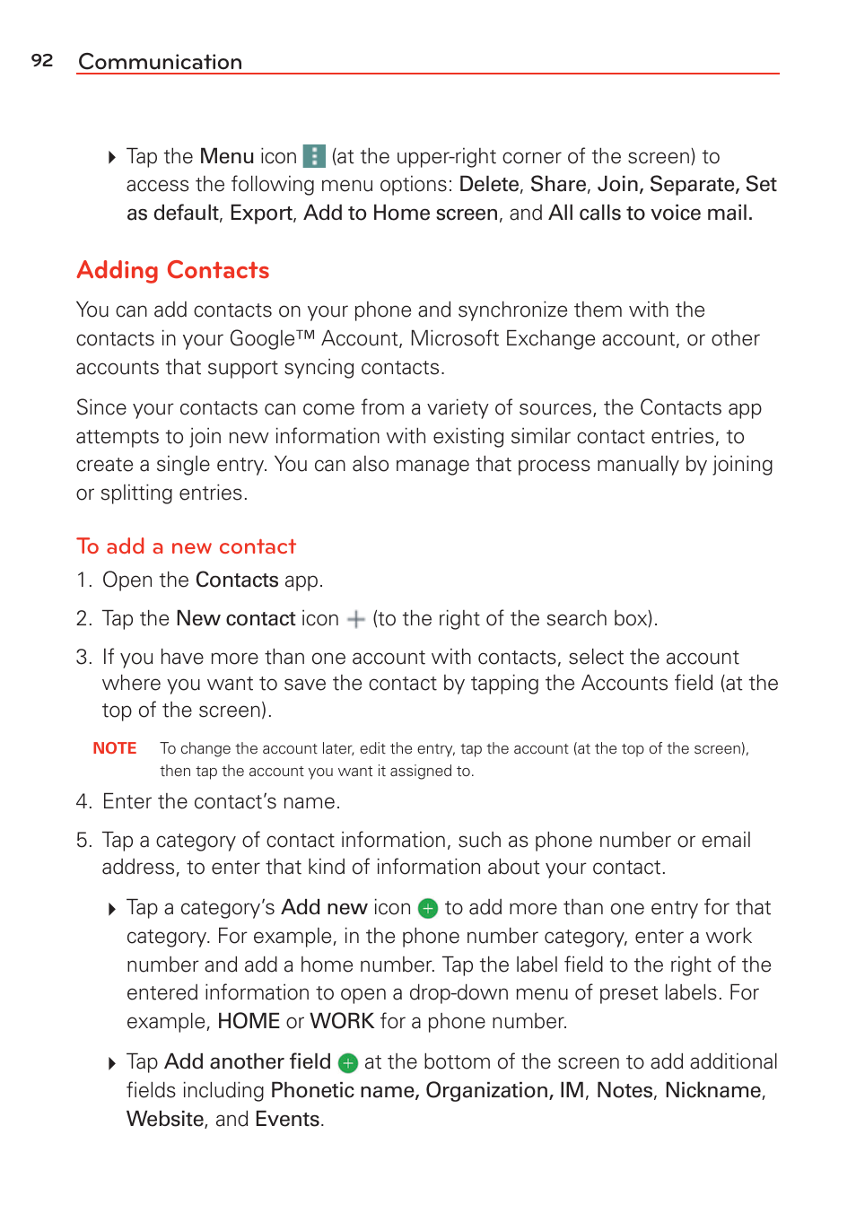 Adding contacts | LG G Vista User Manual | Page 94 / 243