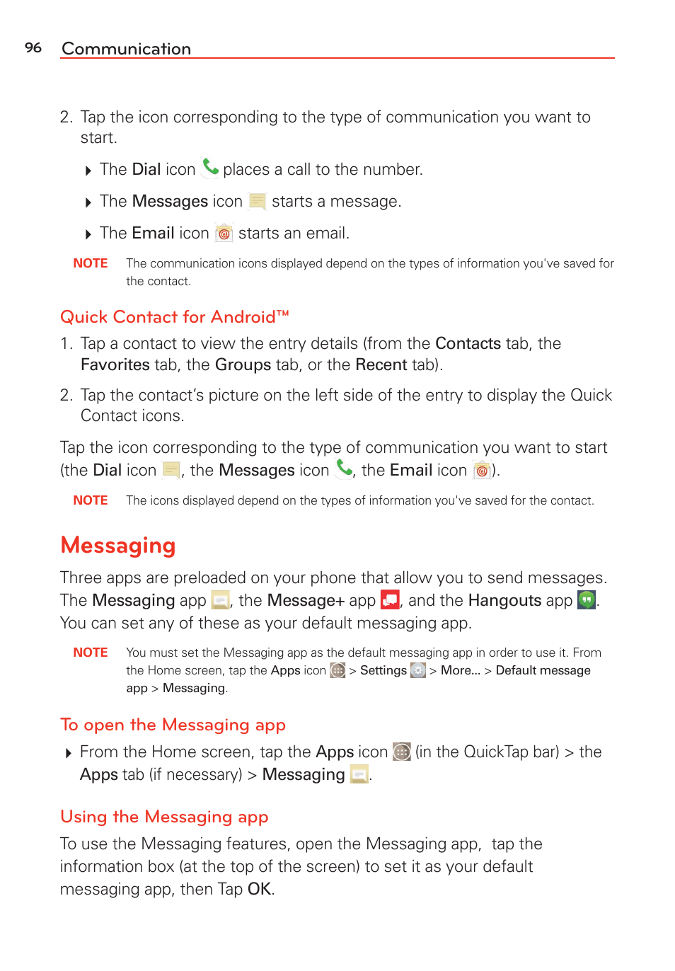 Messaging, Communication, Quick contact for android | Using the messaging app | LG G Vista User Manual | Page 98 / 243