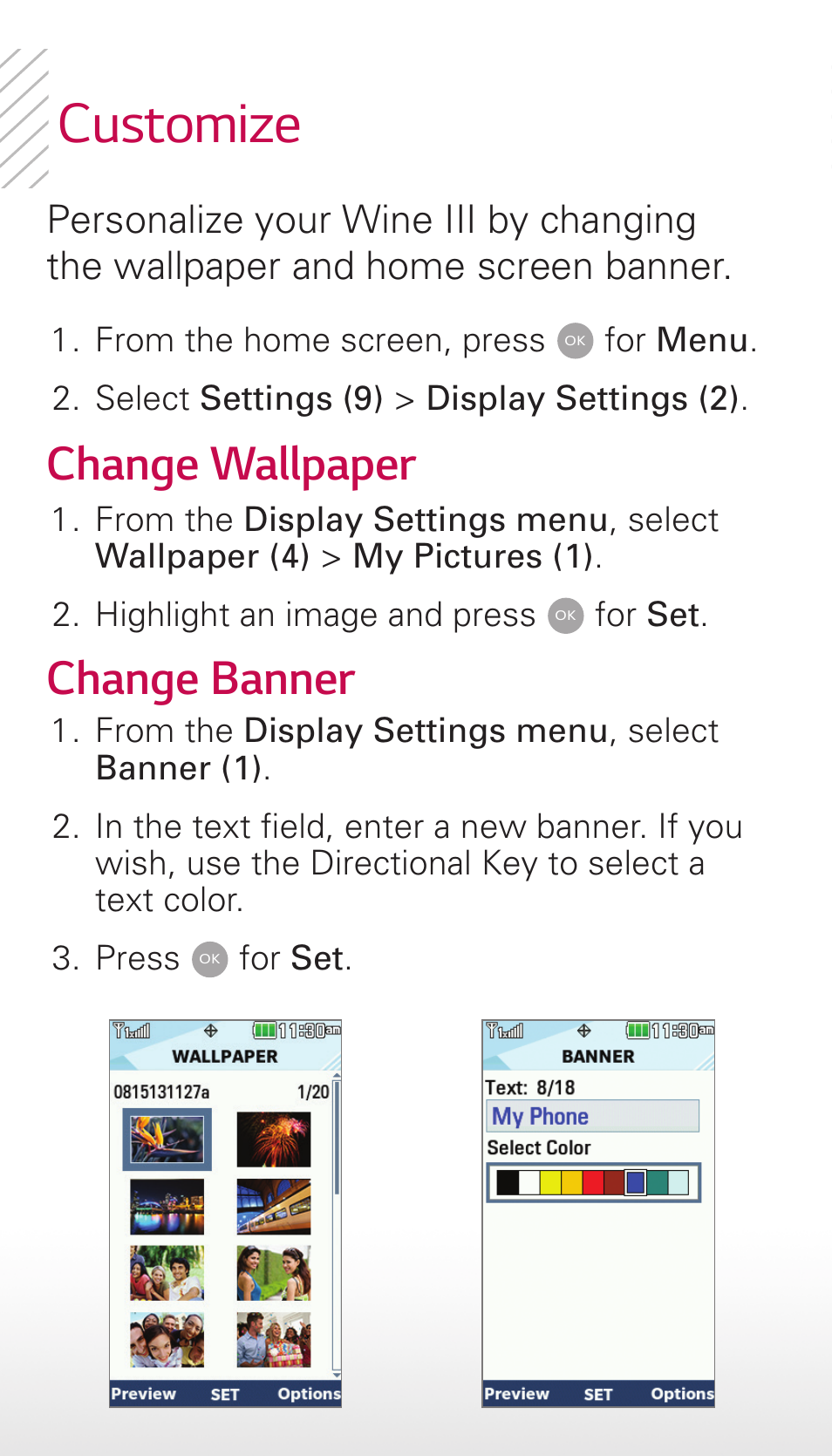 Customize, Change wallpaper, Change banner | LG Wine III User Manual | Page 10 / 14