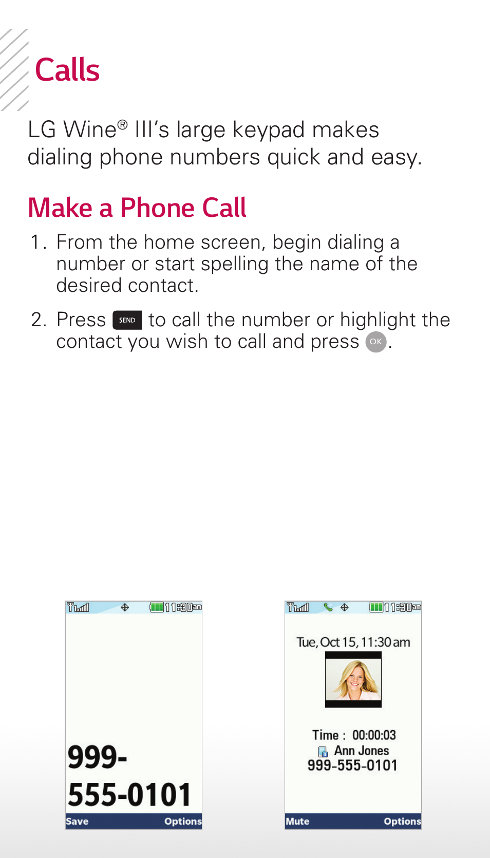 Calls, Make a phone call, Lg wine | LG Wine III User Manual | Page 3 / 14