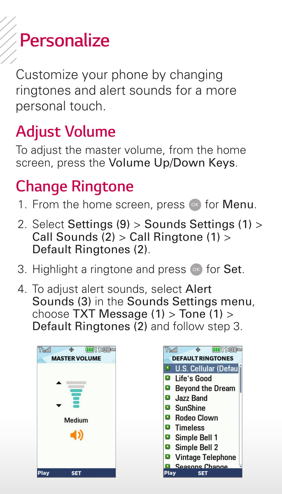 Personalize, Adjust volume change ringtone | LG Wine III User Manual | Page 5 / 14