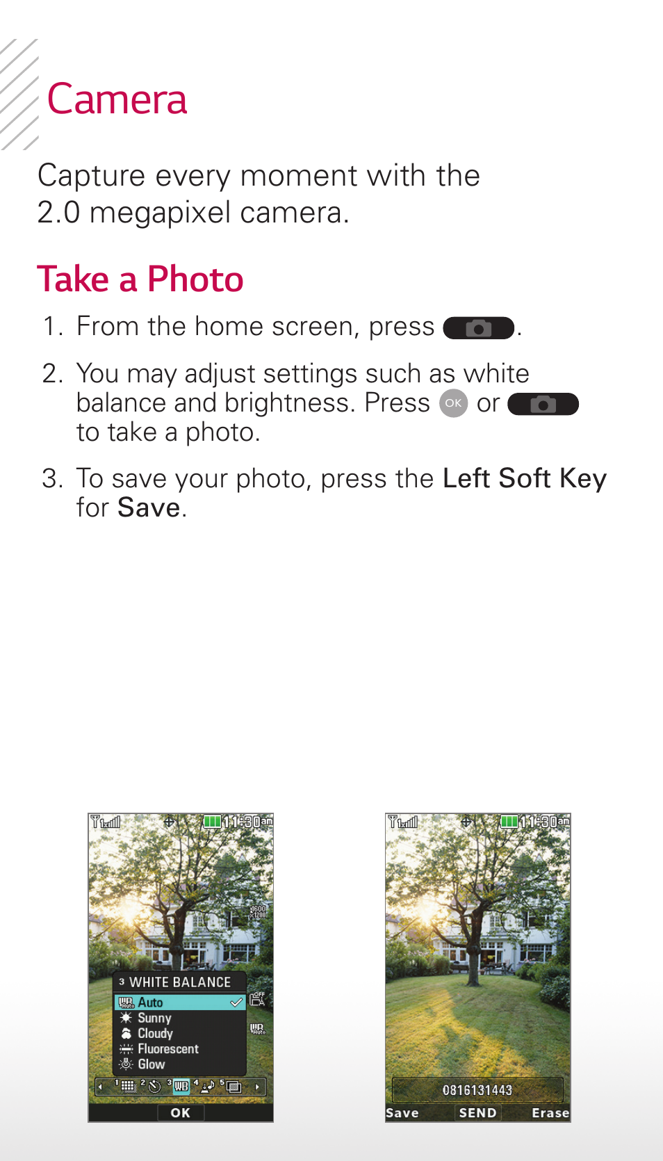 Camera, Take a photo | LG Wine III User Manual | Page 7 / 14