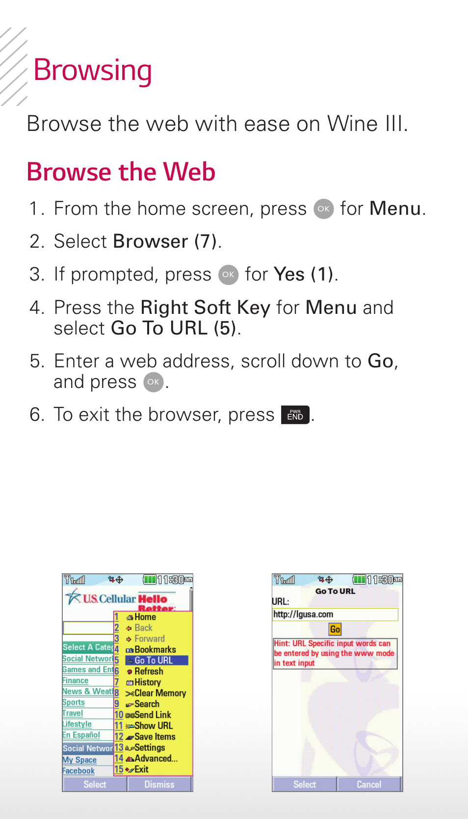 Browsing, Browse the web | LG Wine III User Manual | Page 8 / 14