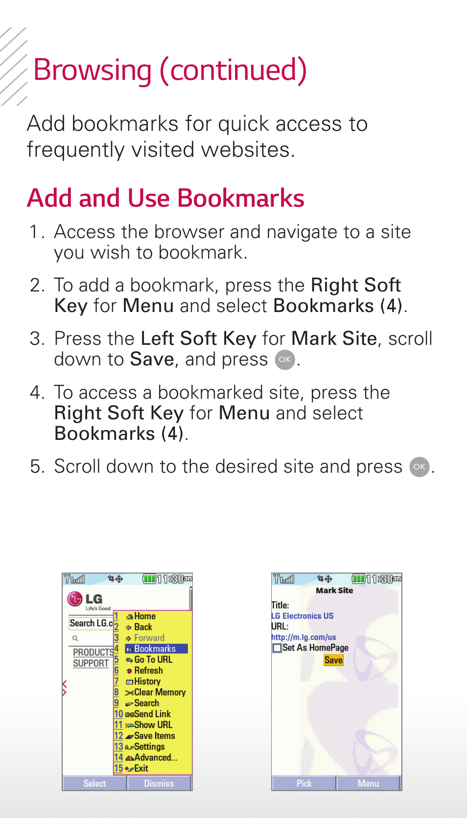 Browsing (continued), Add and use bookmarks | LG Wine III User Manual | Page 9 / 14