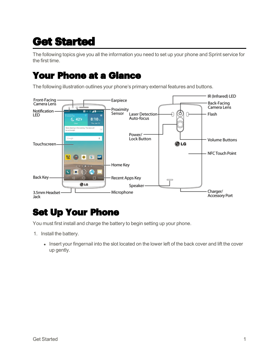 Get started, Your phone at a glance, Set up your phone | LG G3 User Manual | Page 10 / 187