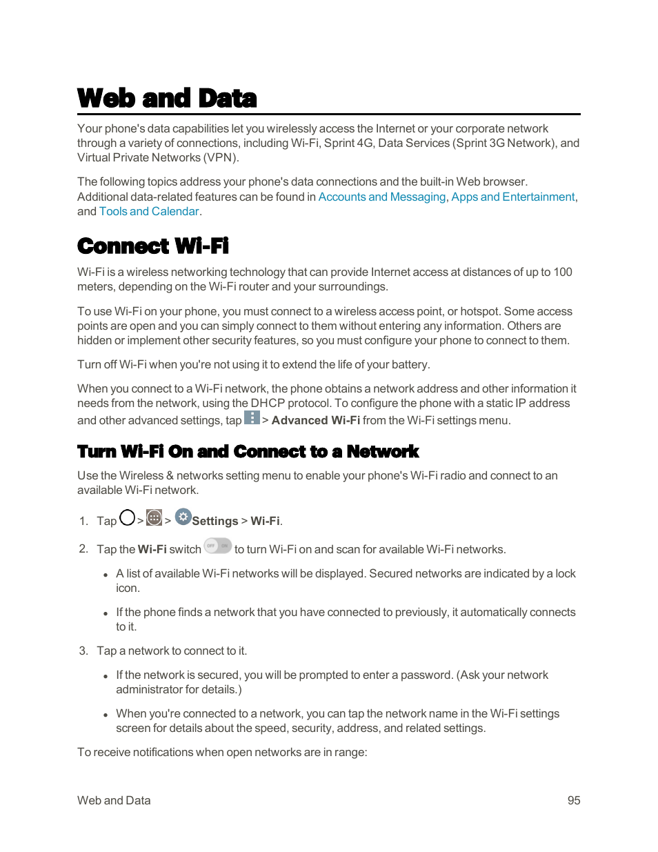 Web and data, Connect wi-fi, Turn wi-fi on and connect to a network | LG G3 User Manual | Page 104 / 187